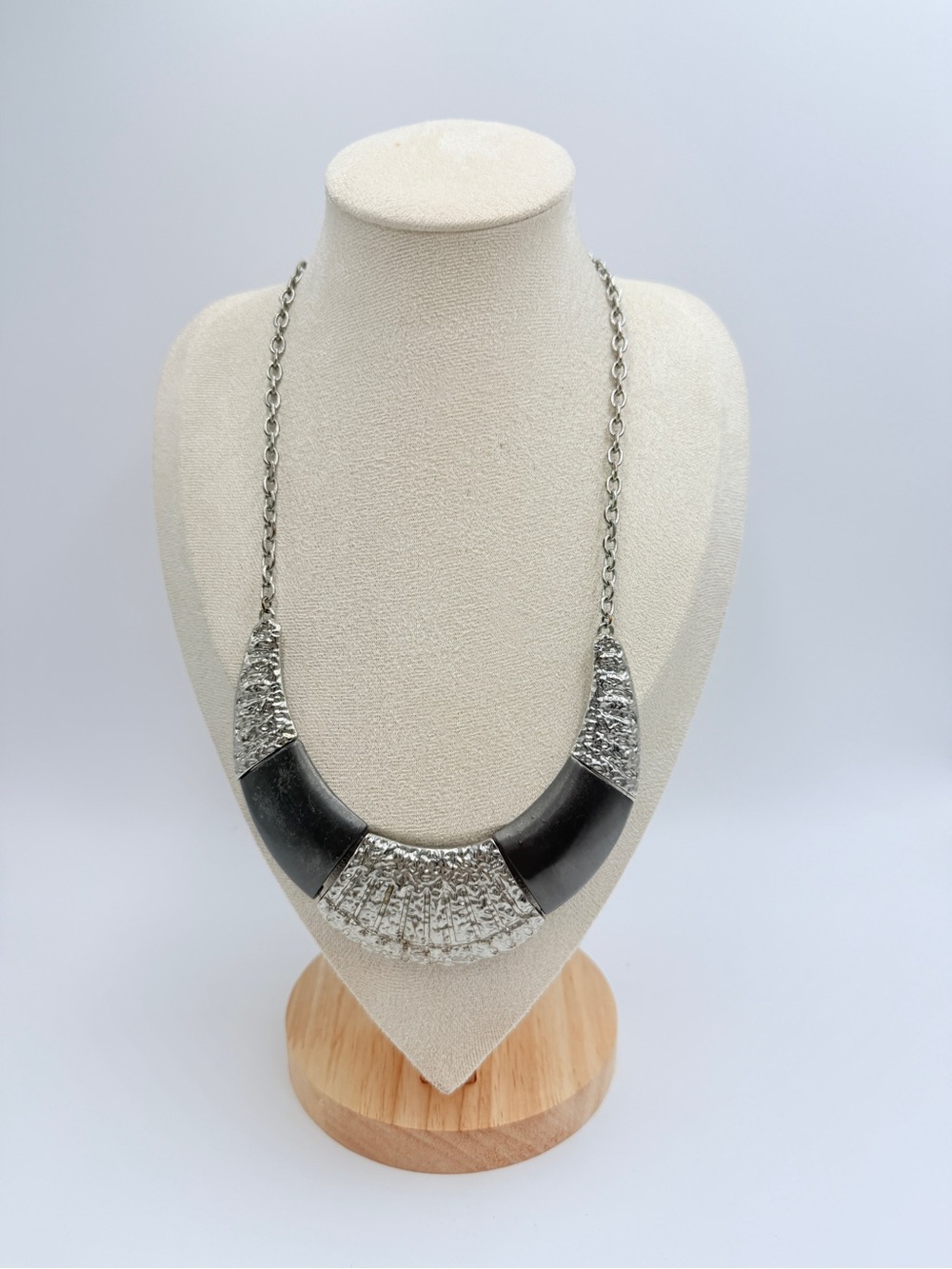 Statement Silver-Tone & Black Textured Bib Necklace